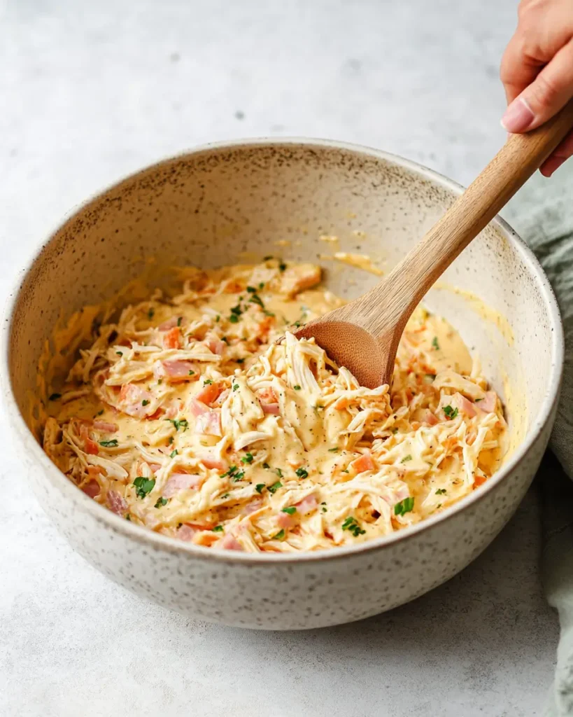 Chicken Cordon Bleu Casserole That’ll Win Hearts | 7-Step Guide 6 Mixing chicken, ham, and creamy sauce in preparation step