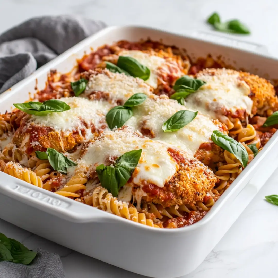 Baked chicken parmesan casserole with pasta and basil garnish