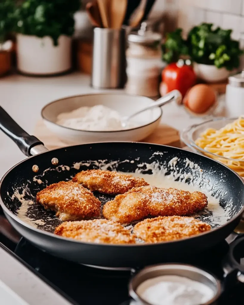 Chicken Parmesan Casserole with Pasta: A Cheesy Family Favorite 5 Breaded chicken frying in skillet for casserole