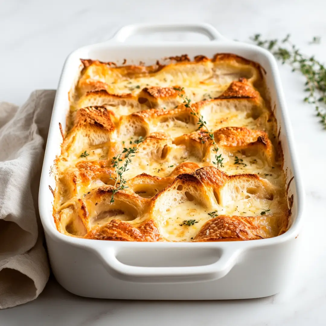 Golden French onion soup casserole topped with melted cheese