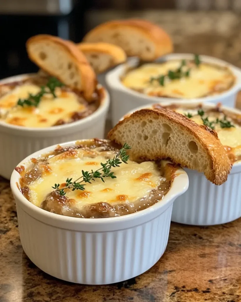 French Onion Soup Casserole That Feels Like a Warm Hug 5 Final serving of French onion soup casserole in ramekins