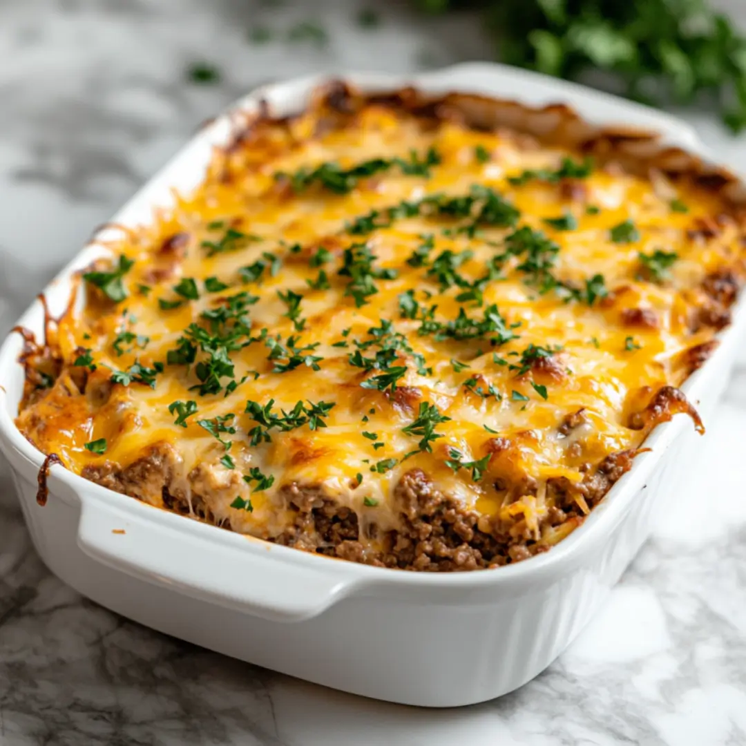 Freshly baked hamburger hashbrown casserole with golden cheese topping