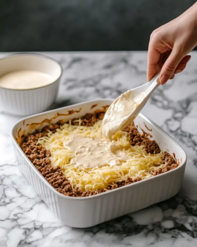 Hamburger Hashbrown Casserole Recipe That Feeds a Crowd 3 Cooking process of spreading beef mixture over hashbrowns in casserole dish