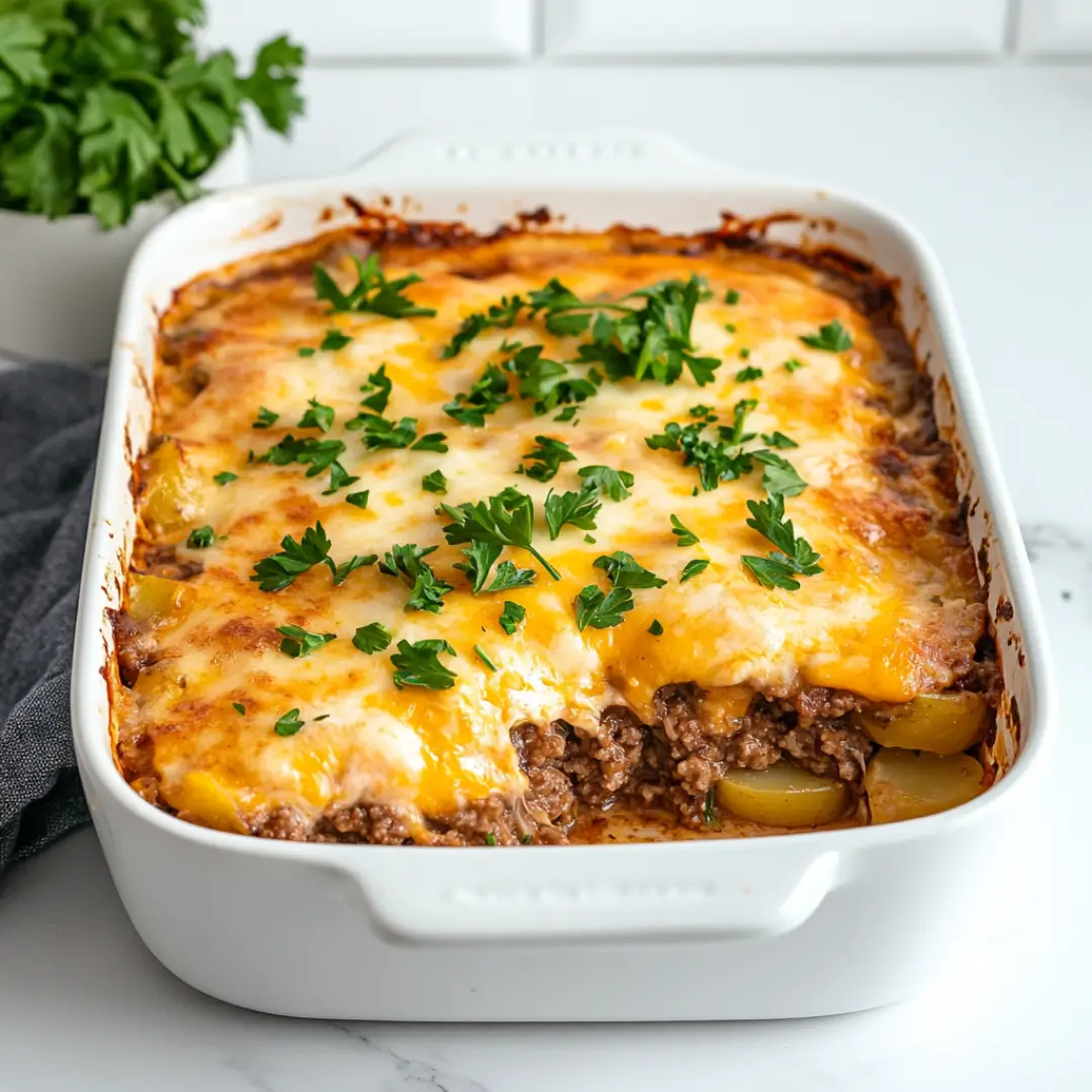 Baked hamburger potato casserole with golden cheese and parsley