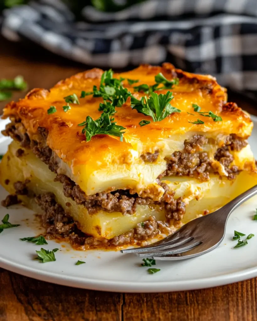 Hamburger Potato Casserole Recipe That Feels Like Home 7 Sliced hamburger potato casserole served with garnish on plate