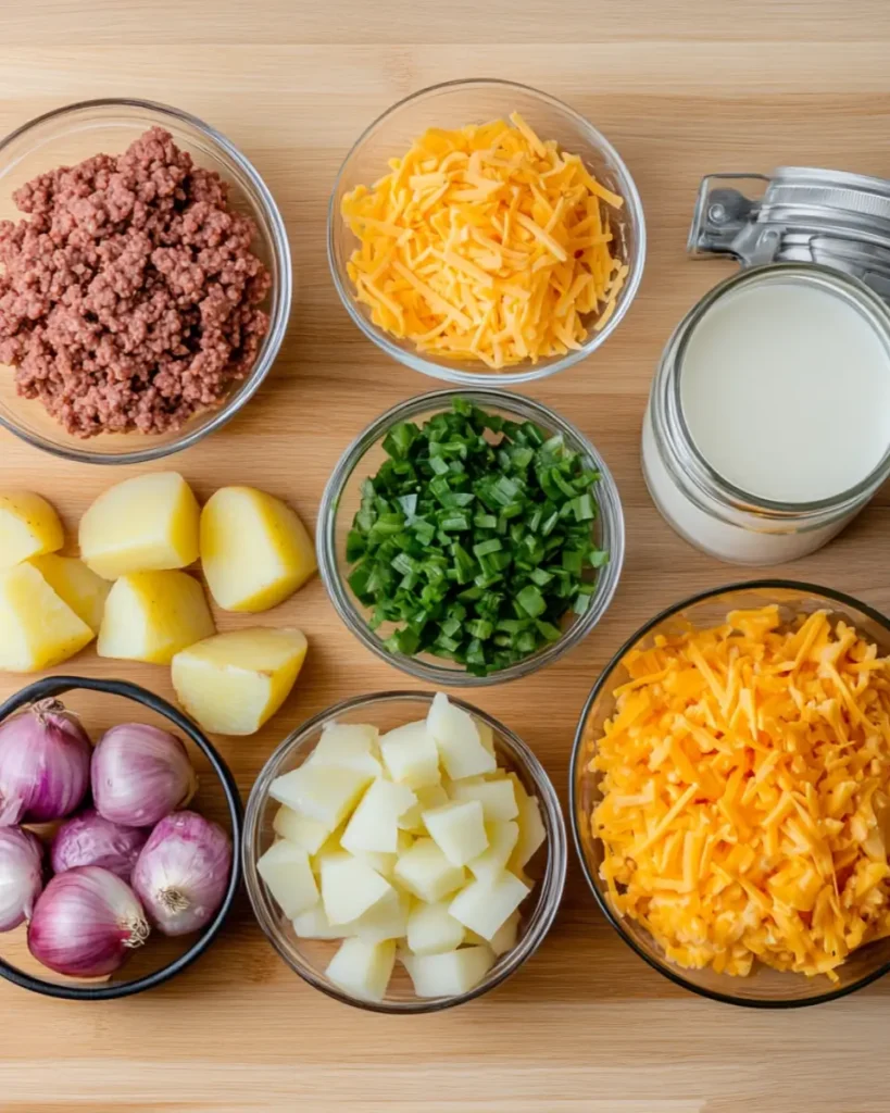 Hamburger Potato Casserole Recipe That Feels Like Home 5 Ingredients for hamburger potato casserole arranged on wooden surface