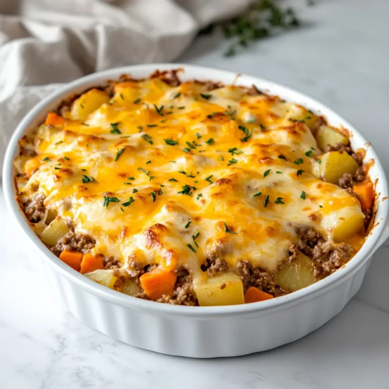 Hobo Casserole Ground Beef Recipe Easy & Cheesy Winner 6 Cheesy hobo casserole with beef, potatoes, and carrots in white baking dish