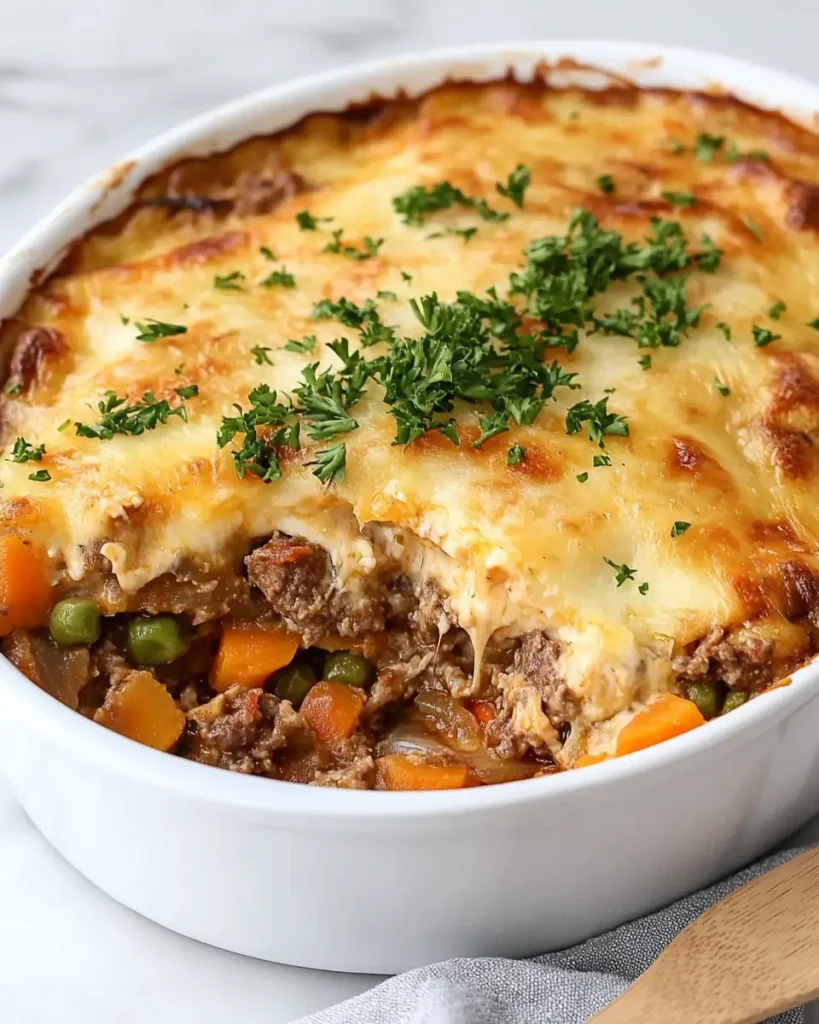 Hobo Casserole Ground Beef Recipe Easy & Cheesy Winner 5 Finished hobo casserole with cheese and vegetables in baking dish