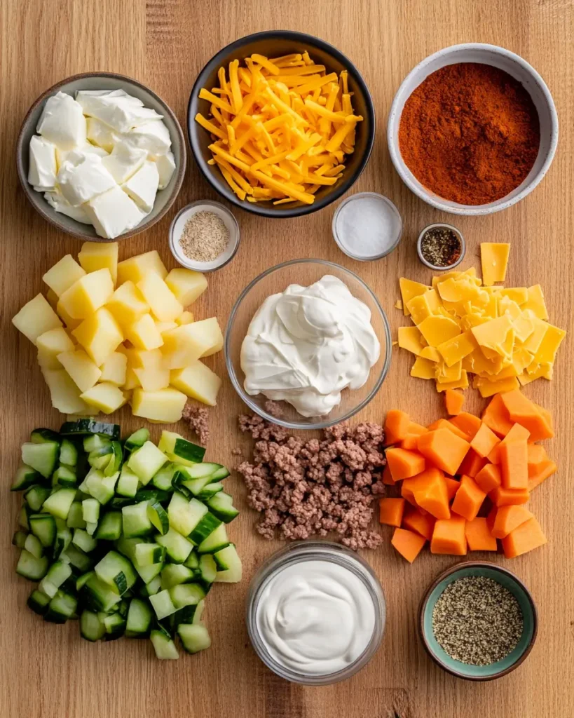 Hobo Casserole Ground Beef Recipe Easy & Cheesy Winner 4 Fresh ingredients for hobo casserole laid out on wooden surface