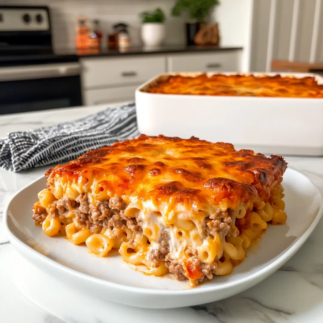 Plated mac and cheese meatloaf casserole with golden cheese crust