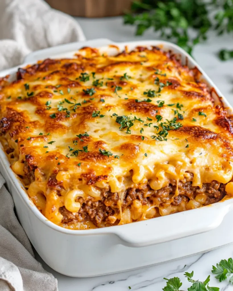 Mac and Cheese Meatloaf Casserole That Brings Everyone to the Table 7 Finished mac and cheese meatloaf casserole with golden cheese top