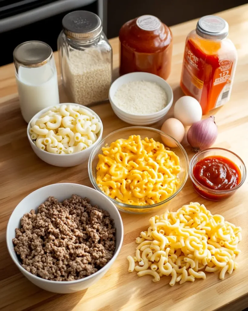 Mac and Cheese Meatloaf Casserole That Brings Everyone to the Table 5 Fresh ingredients for mac and cheese meatloaf casserole on wooden counter