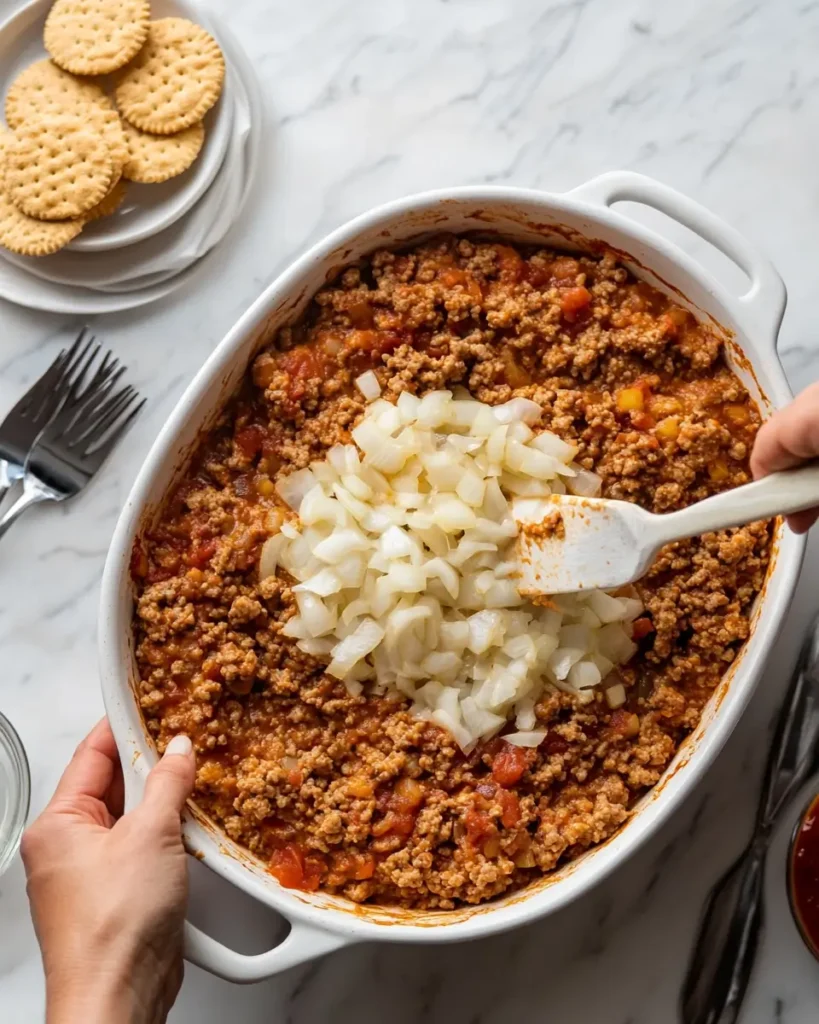 Mac and Cheese Meatloaf Casserole That Brings Everyone to the Table 6 Pressing meatloaf mixture into dish with visible ingredients