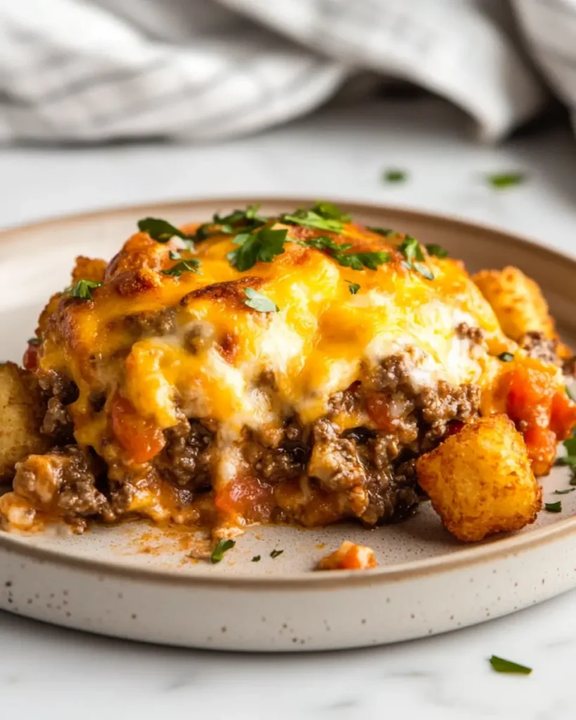 Most Delicious Cowboy Casserole With Tatert Tots 5 Finished cowboy casserole with crispy tots and melted cheese