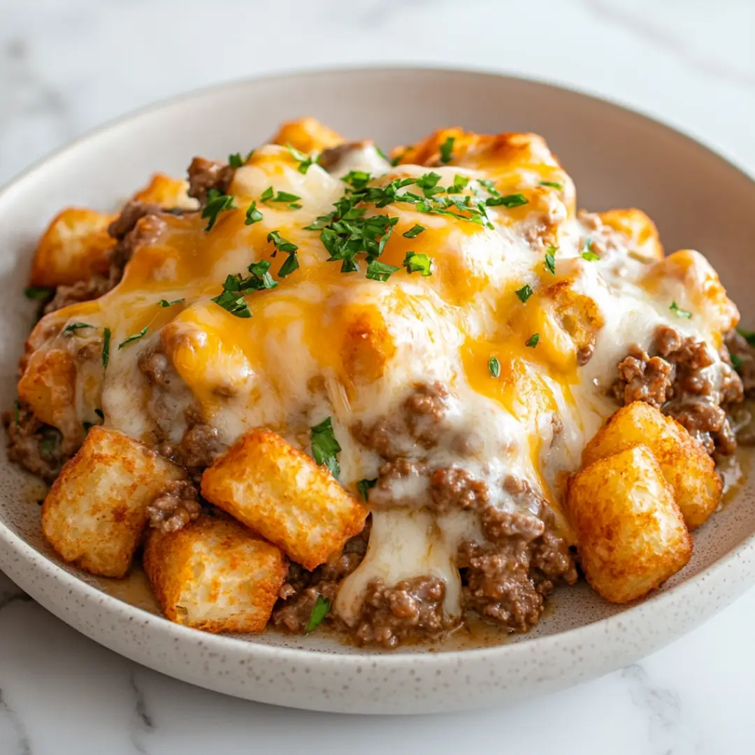 Cowboy casserole with crispy golden tater tots and melted cheese