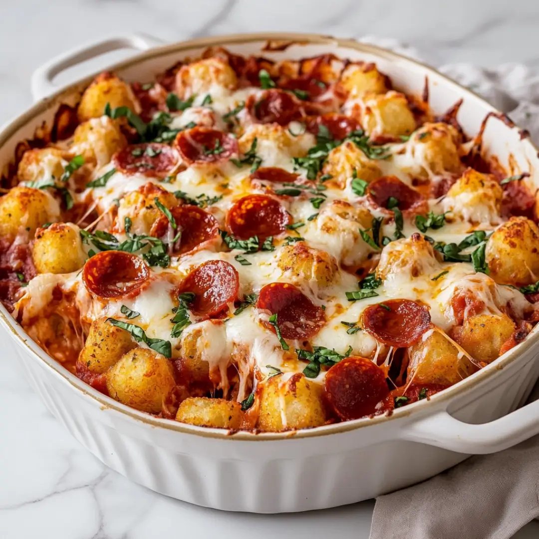 Cheesy baked pizza tot casserole with crispy top and herbs