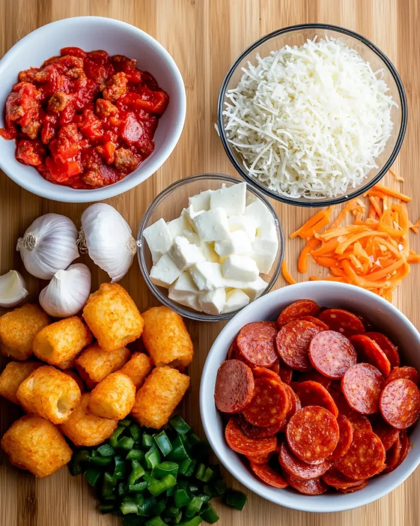 Pizza Tot Casserole That’ll Win Over Every Family Dinner 4 Ingredients laid out for pizza tot casserole including tater tots, cheese, sausage, and pepperoni