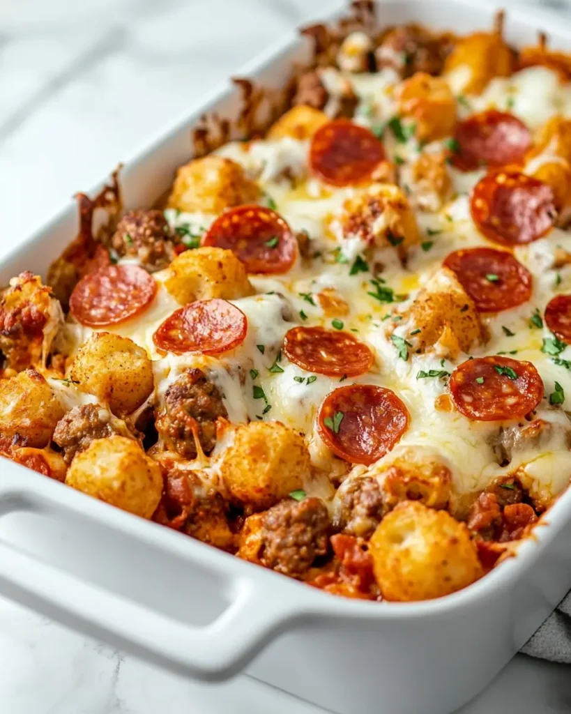 Pizza Tot Casserole That’ll Win Over Every Family Dinner 5 Preparing pizza tot casserole with cheese, meat mixture, and tater tots