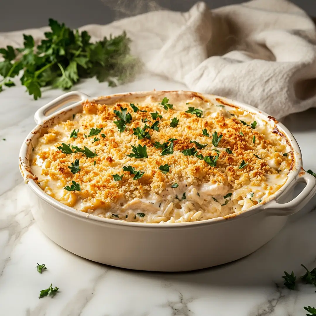 Creamy baked chicken casserole with Ritz cracker topping