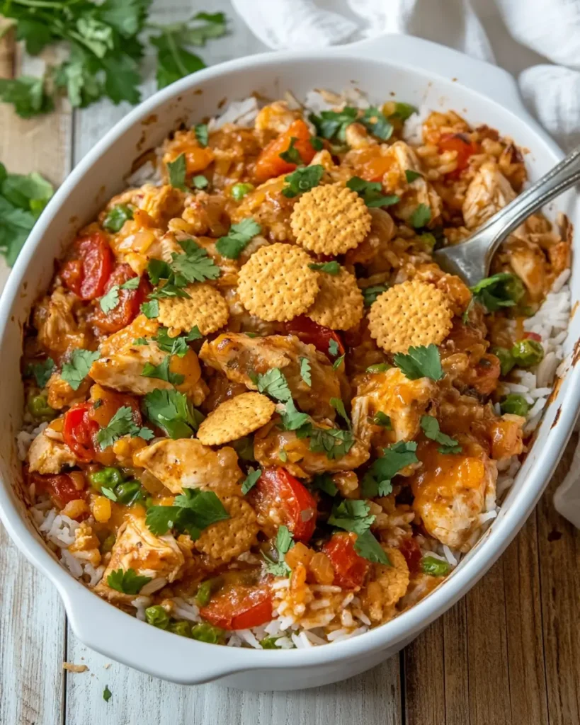 Ritz Cracker Chicken Casserole with Rice 8 Finished ritz cracker chicken rice casserole in serving dish
