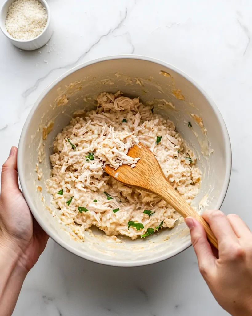 Ritz Cracker Chicken Casserole with Rice 6 Mixing creamy chicken and rice filling in bowl