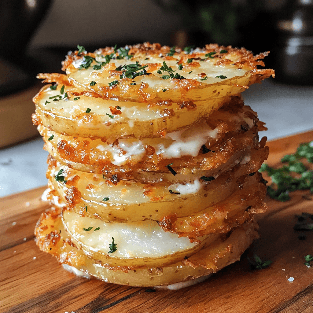 A beautifully plated serving of CRISPY POTATO STACKS with natural lighting on a clean background.