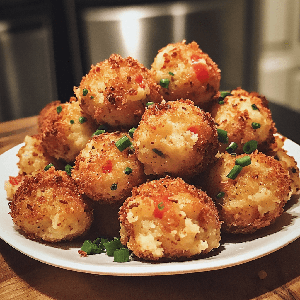 A beautifully plated serving of Loaded Mashed Potato Balls with natural lighting on a clean background.