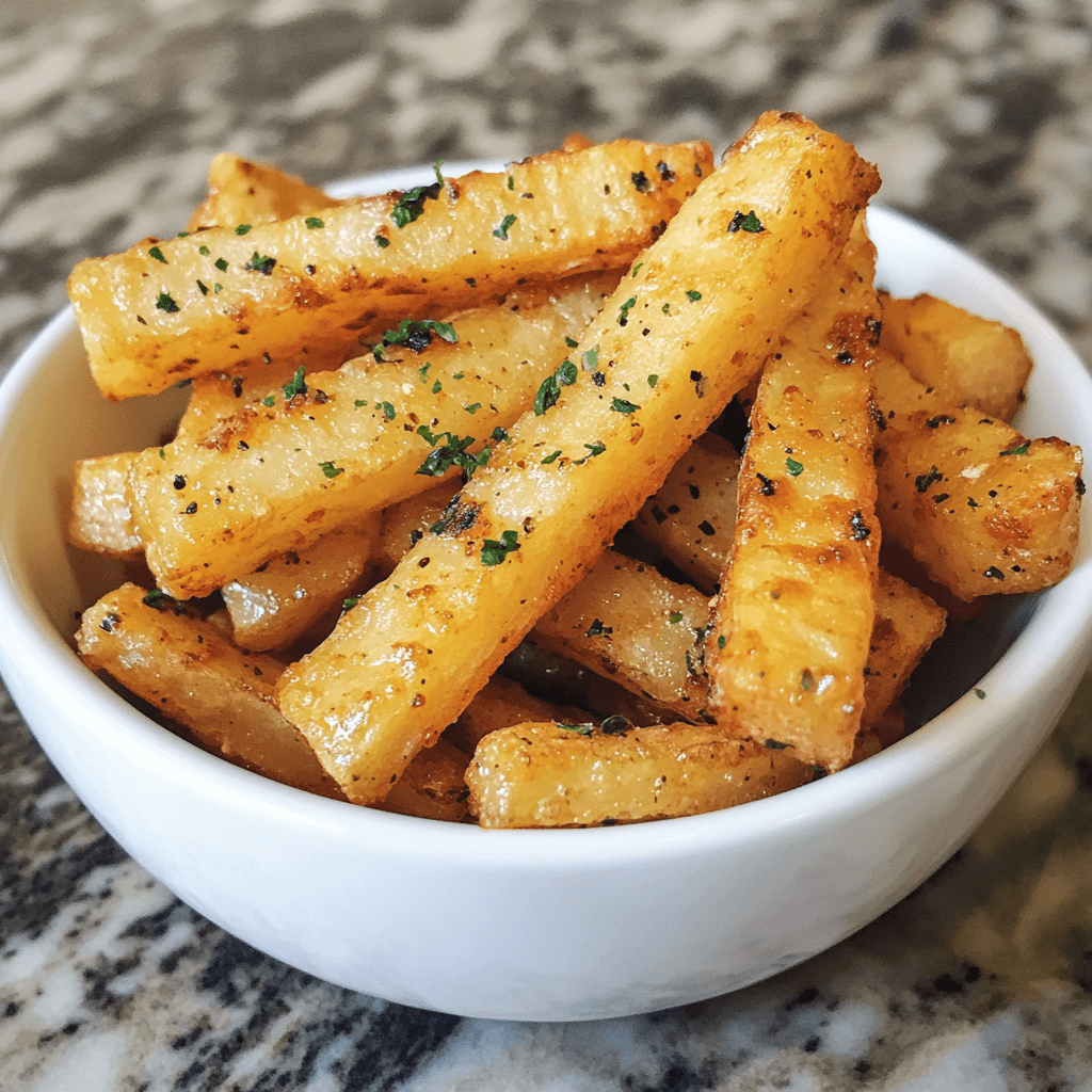 A beautifully plated serving of Potato Finger Sticks with natural lighting on a clean background.