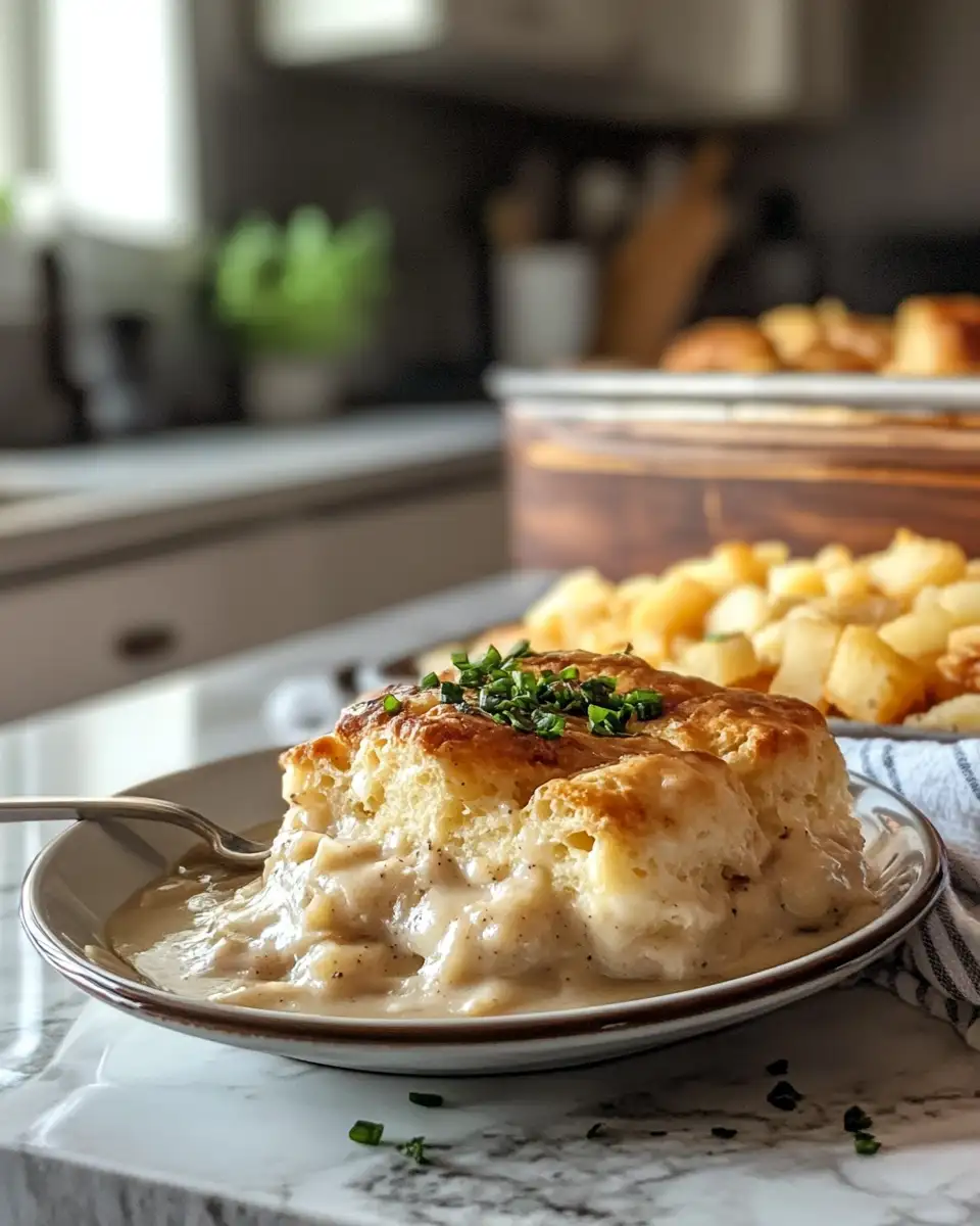 Final dish for Ultimate Comfort: Biscuits and Gravy Casserole with Hash Browns
