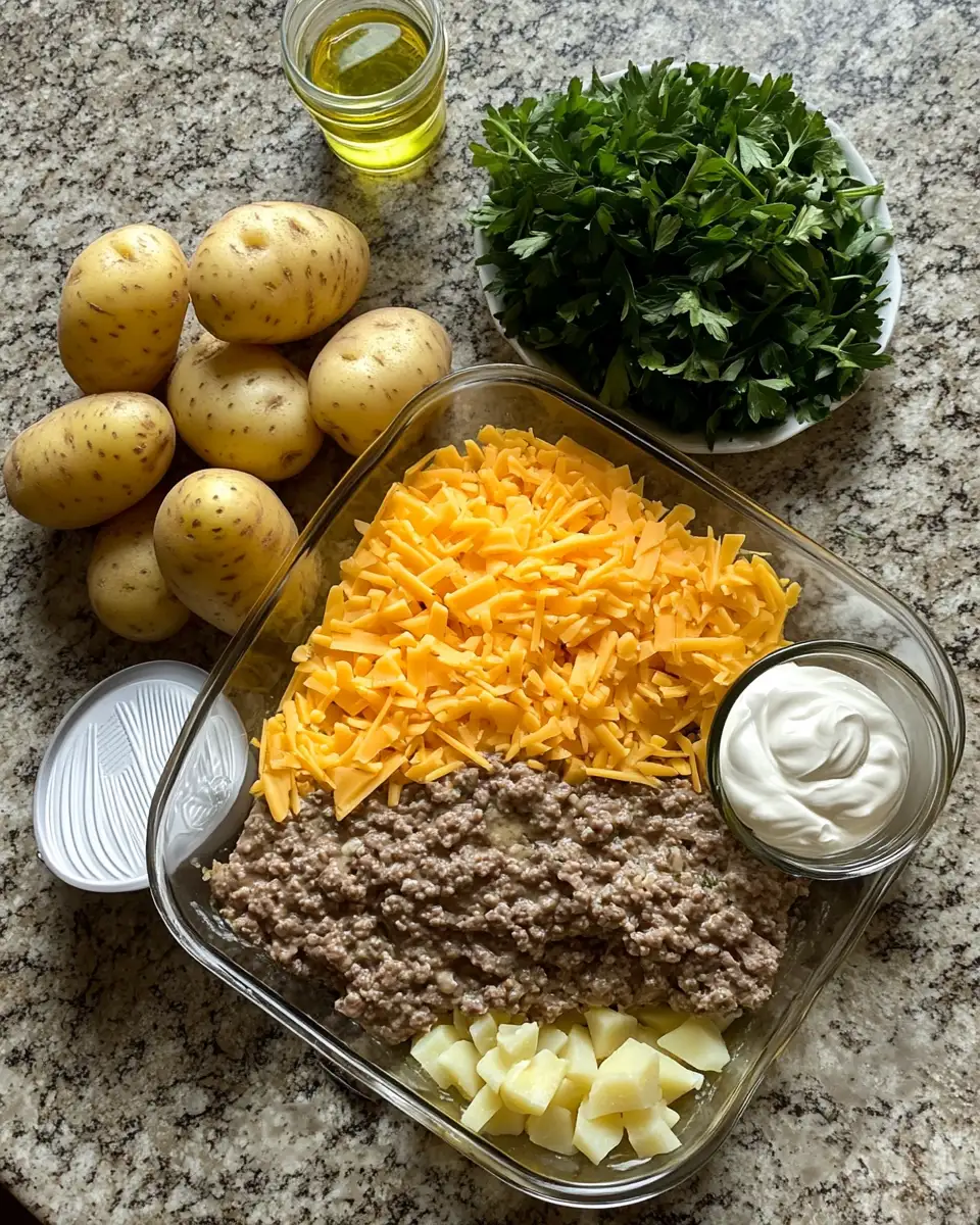 Hearty Homestyle Casserole: Savory Hamburger and Potato Delight 4 Ingredients for Hearty Homestyle Casserole: Savory Hamburger and Potato Delight