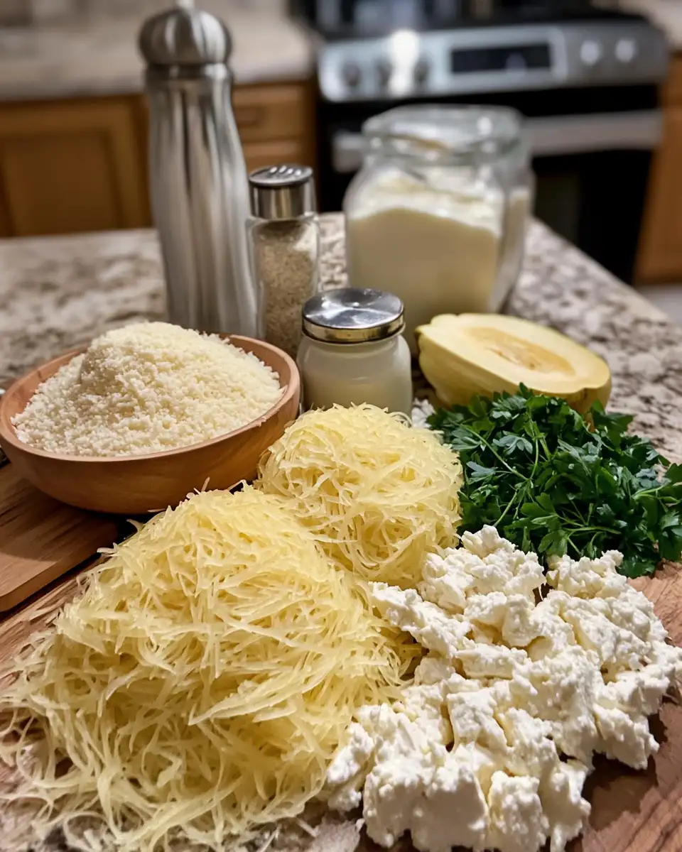 Ultimate Comfort: Chicken Alfredo Spaghetti Squash Bake Delight 4 Ingredients for Ultimate Comfort: Chicken Alfredo Spaghetti Squash Bake Delight