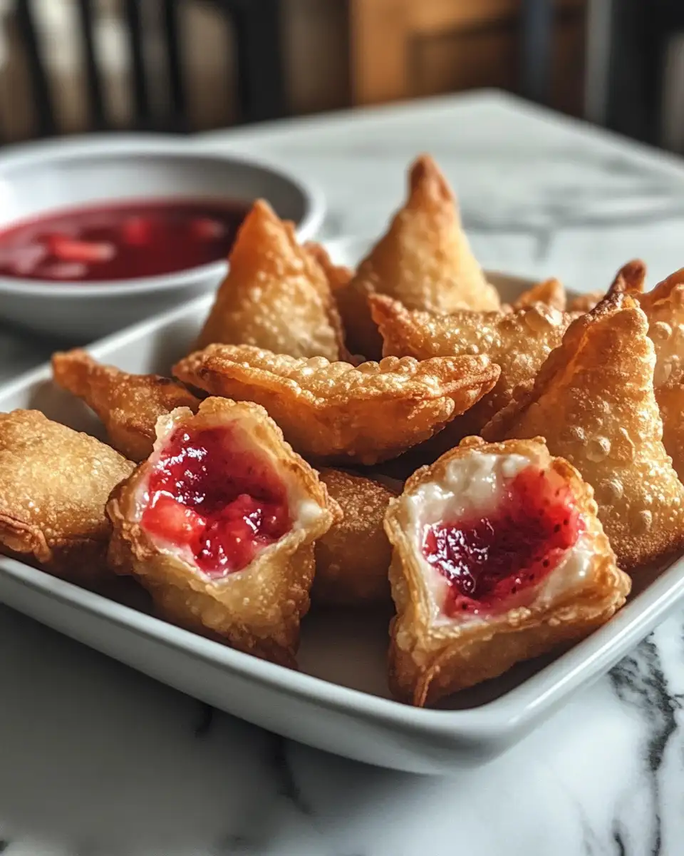 Crispy Indulgence: Deep-Fried Strawberry Cheesecake Stuffed Wonton Bites 6 Final dish for Crispy Indulgence: Deep-Fried Strawberry Cheesecake Stuffed Wonton Bites