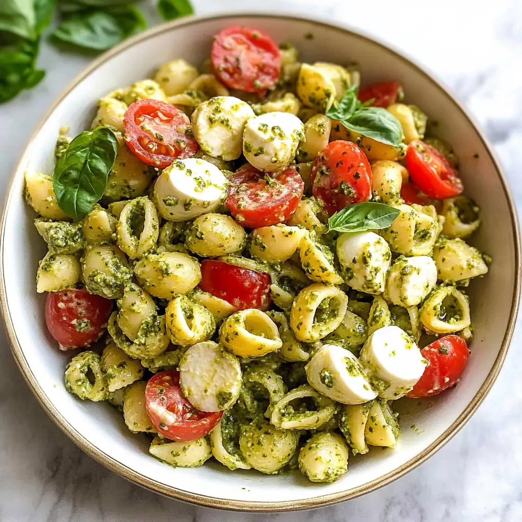Irresistibly Fresh: Light and Creamy Pesto Caprese Pasta Salad Delight - Featured Image