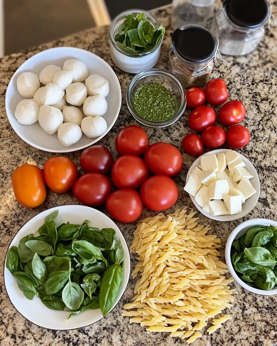 Irresistibly Fresh: Light and Creamy Pesto Caprese Pasta Salad Delight 4 Ingredients for Irresistibly Fresh: Light and Creamy Pesto Caprese Pasta Salad Delight