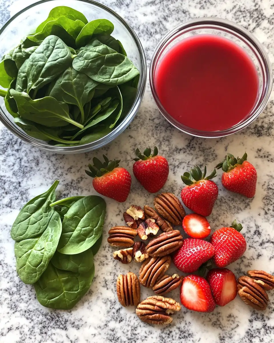 Sweet & Crunchy Delight: Spinach Strawberry Salad with Pecans 4 Ingredients for Sweet & Crunchy Delight: Spinach Strawberry Salad with Pecans