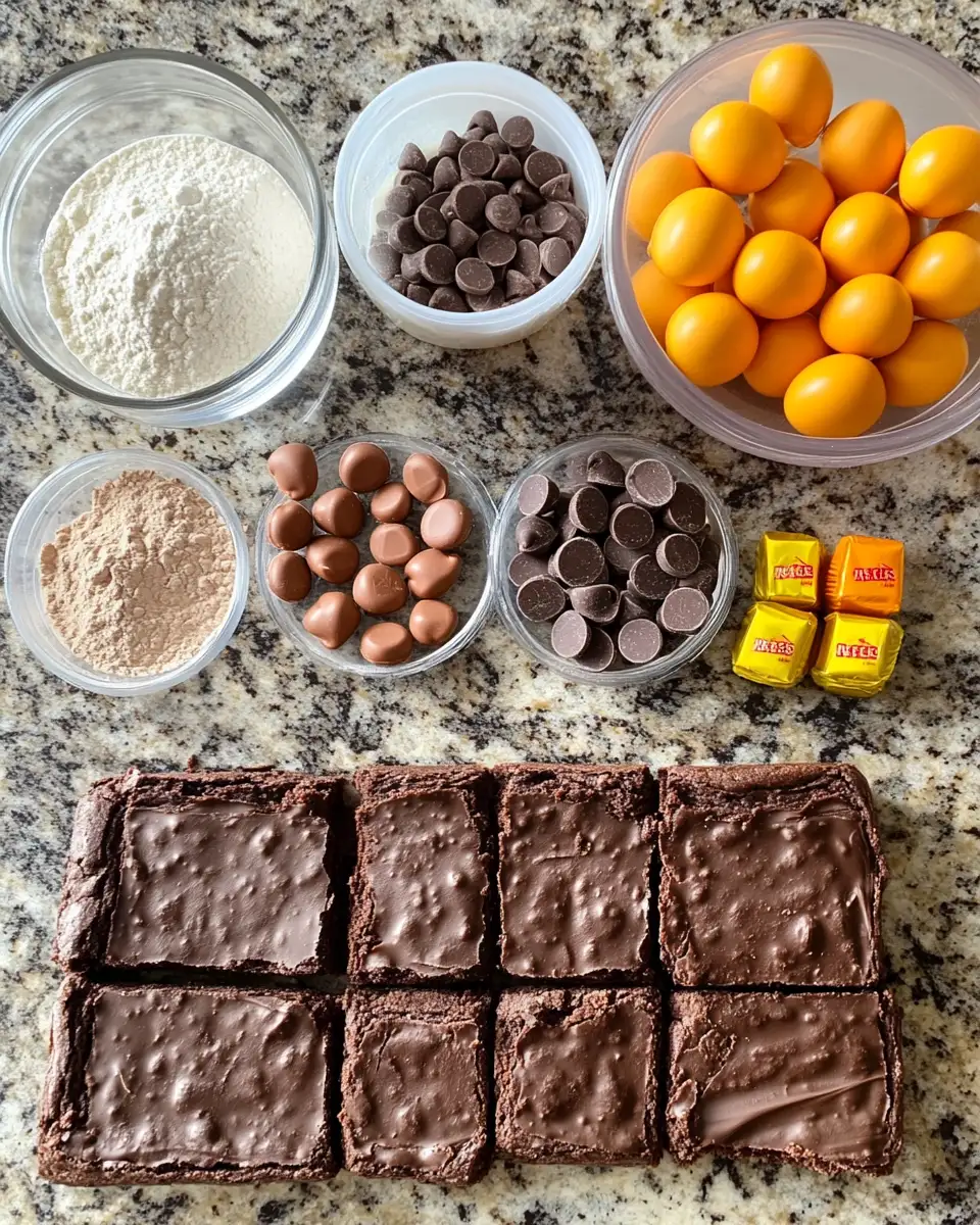 Ingredients for Irresistibly Chewy REESEs PIECES Peanut Butter Brownies Delight