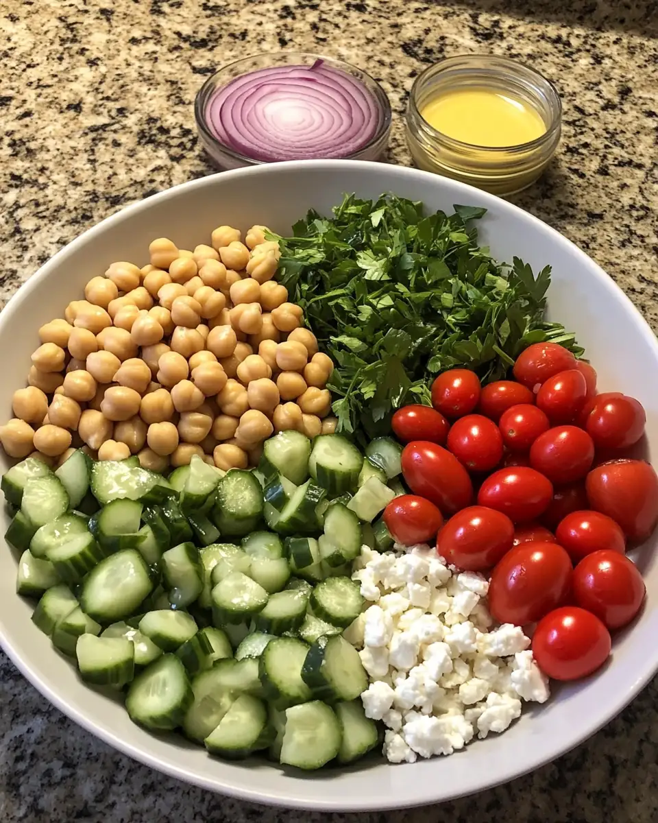 Fresh & Flavorful: The Ultimate Healthy Chickpea Cucumber Salad with Feta & Tomatoes 3 Ingredients for Fresh & Flavorful: The Ultimate Healthy Chickpea Cucumber Salad with Feta & Tomatoes