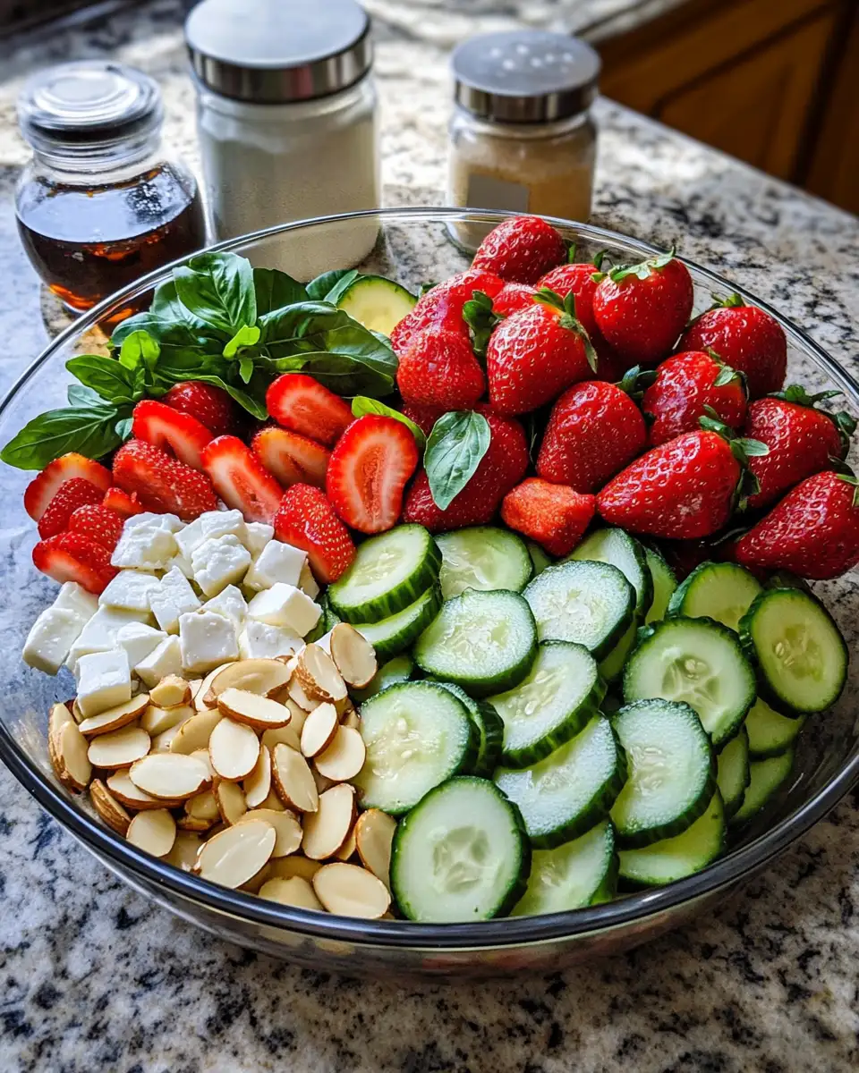 Ingredients for Refreshing Strawberry Cucumber Salad with Sweet Honey Balsamic Dressing