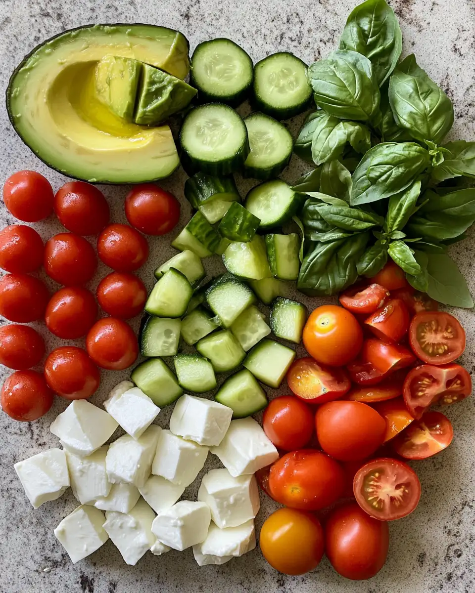 Ingredients for Fresh and Flavorful Tomato Cucumber Salad with Avocado and Mozzarella Bliss