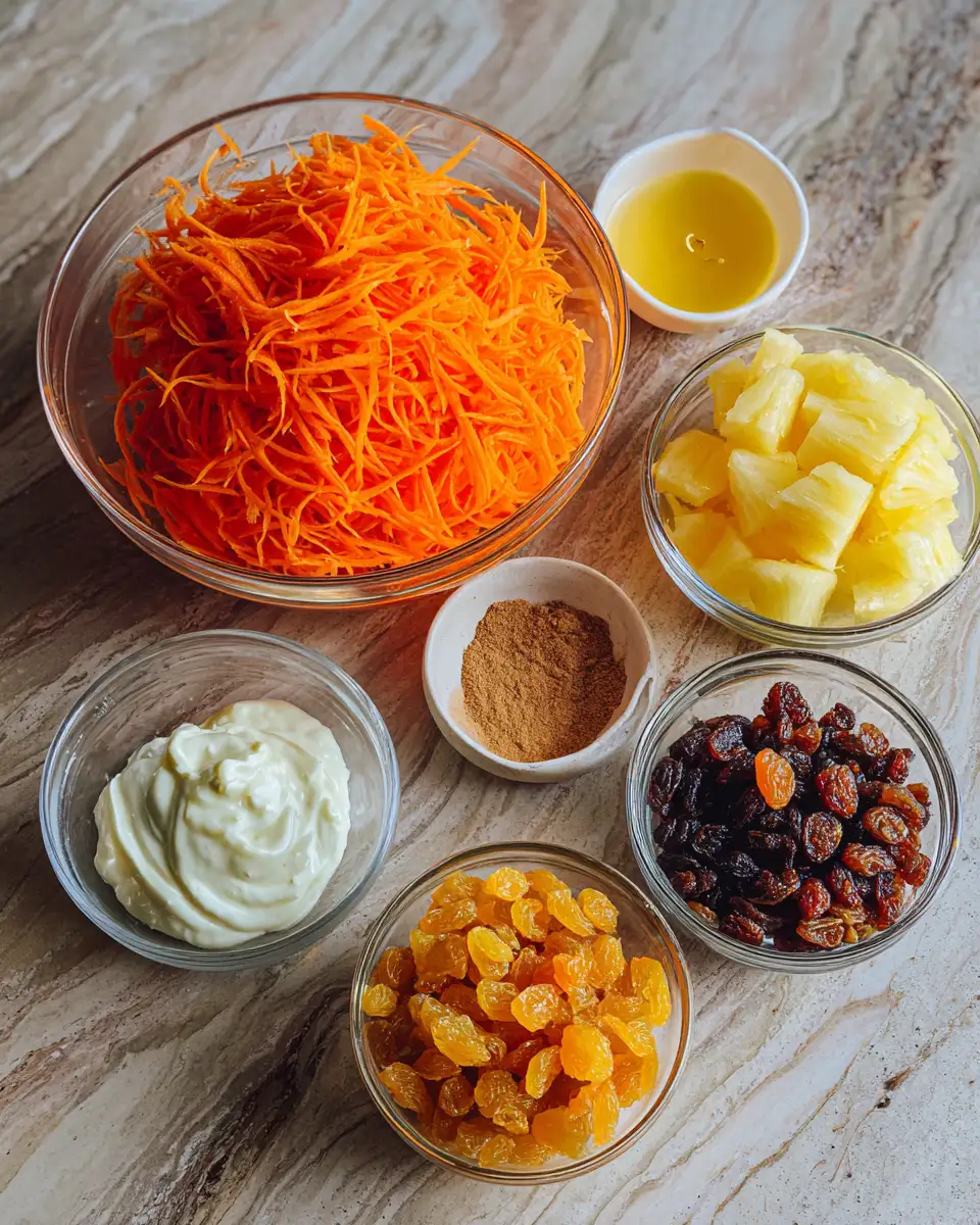 Zesty Carrot Salad with Pineapple and Raisins for a Colorful Crunch 4 Ingredients for Zesty Carrot Salad with Pineapple and Raisins for a Colorful Crunch