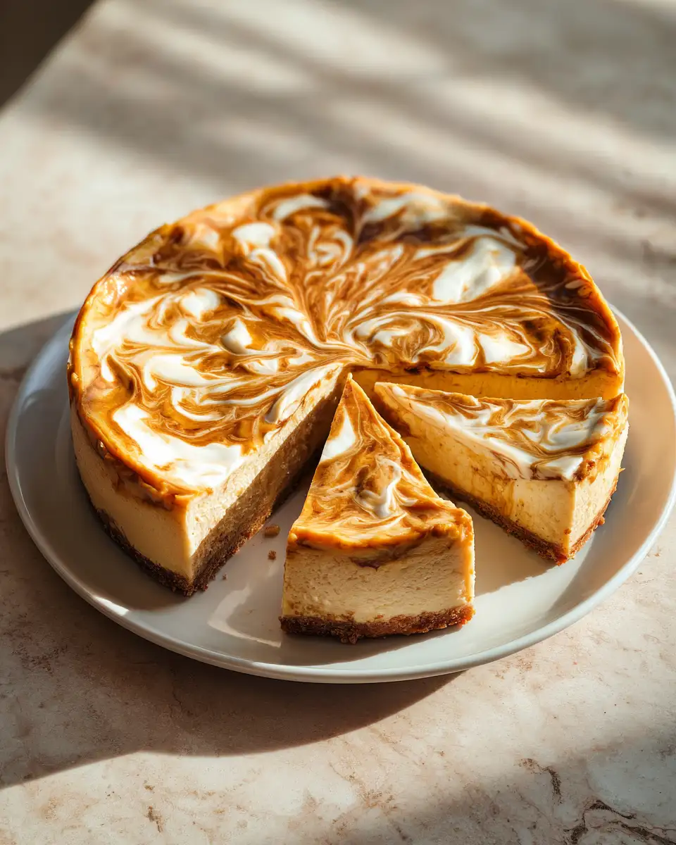 Final dish - Irresistible Creamy Pumpkin Swirl Cheesecake Recipe for Fall Baking