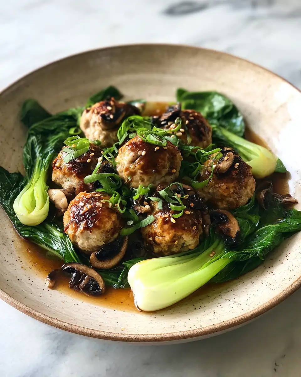 Final dish - Steamed Chicken Meatballs with Bok Choy and Shiitake Mushrooms A Healthy Flavorful Delight