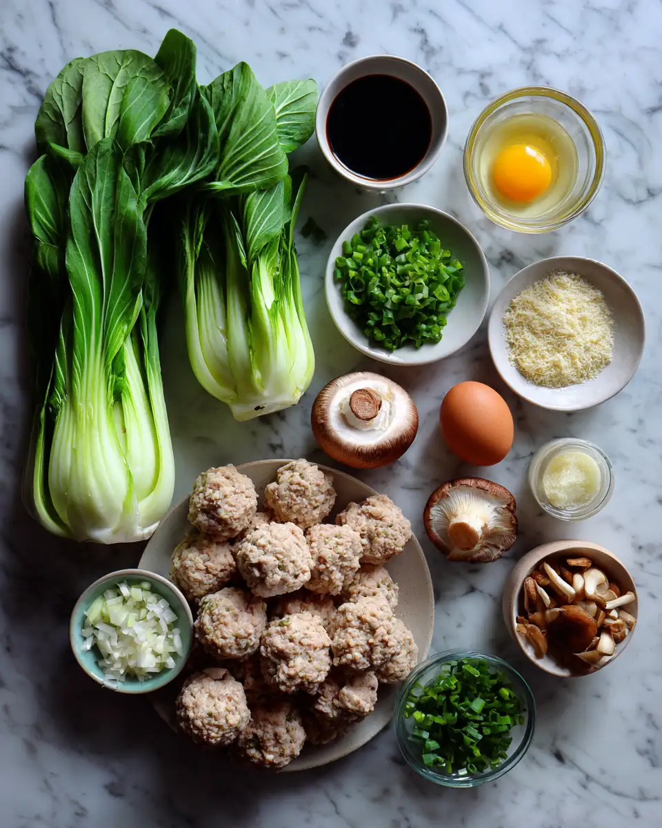 Ingredients for Steamed Chicken Meatballs with Bok Choy and Shiitake Mushrooms A Healthy Flavorful Delight