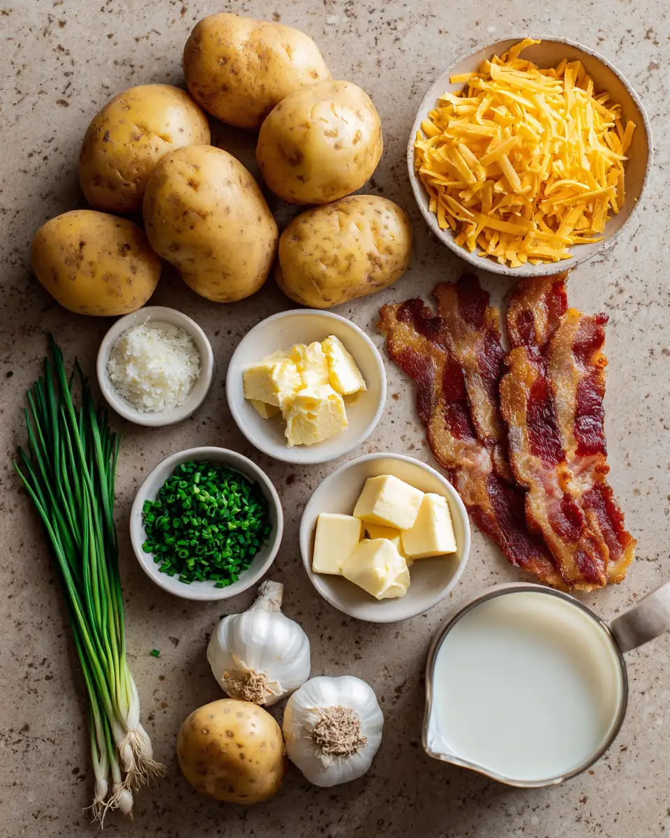 Ingredients for The Ultimate Comfort Food Bacon & Cheddar Mashed Potatoes Recipe