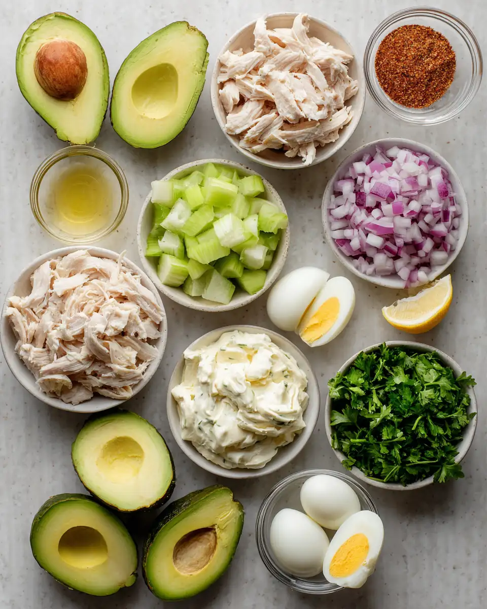 Ingredients for Creamy Chicken Salad Stuffed Avocado Recipe for a Healthy Delight