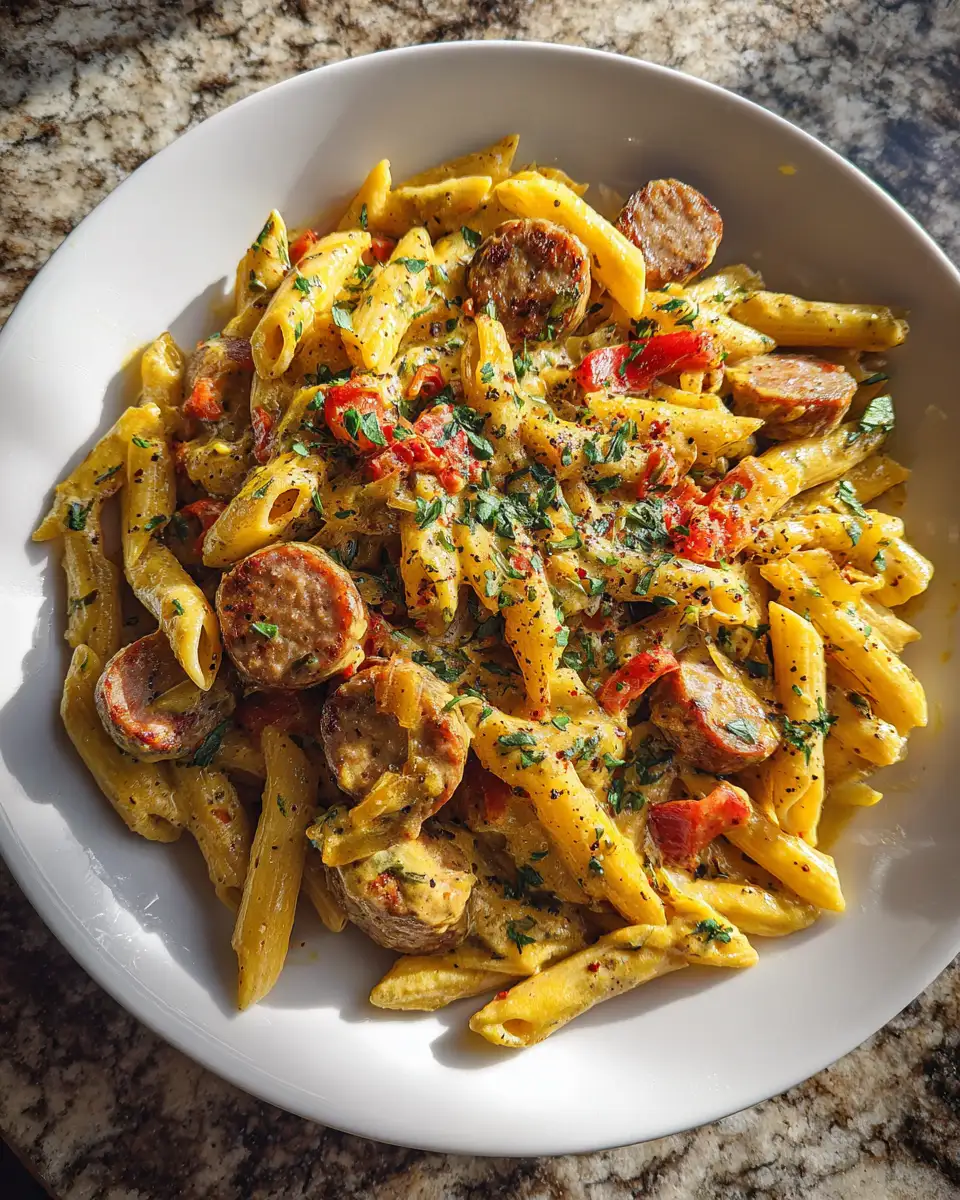 Final dish - One Pot Creamy Cajun Sausage Pasta Recipe for Flavor-Packed Comfort Meals