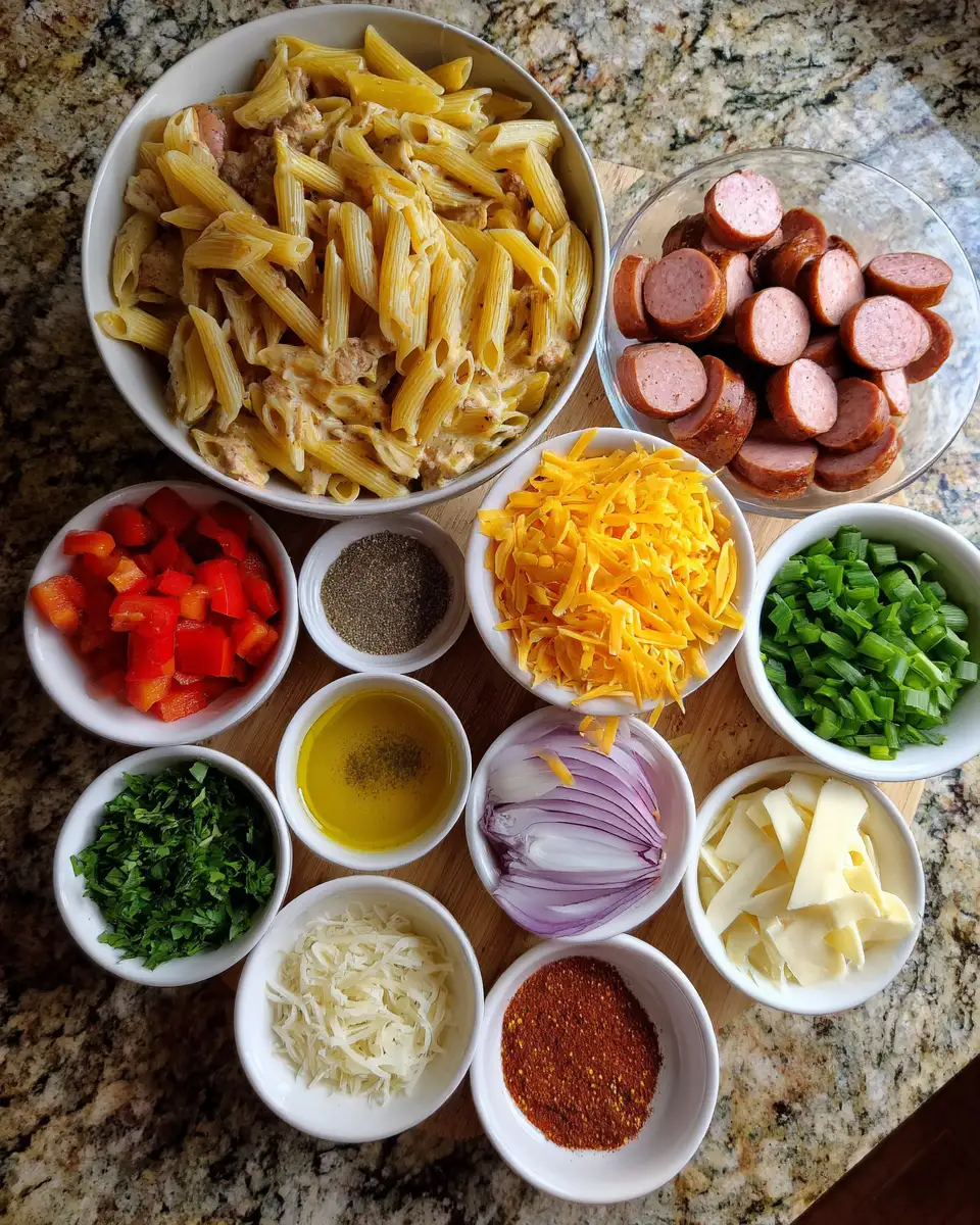 Ingredients for One Pot Creamy Cajun Sausage Pasta Recipe for Flavor-Packed Comfort Meals