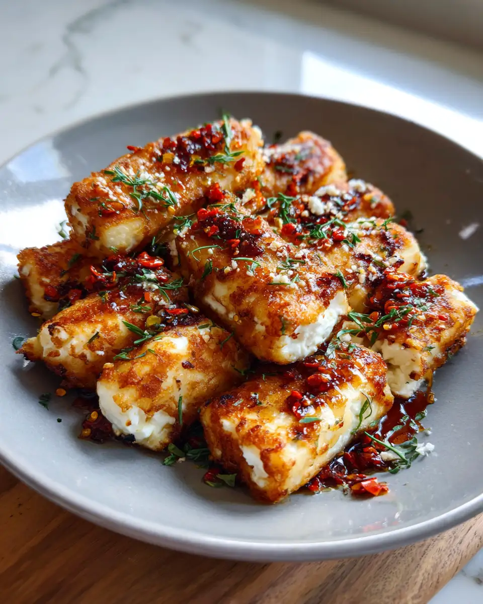 Final dish - Crispy Oven Fried Feta Rolls Drizzled with Sweet Chili Honey