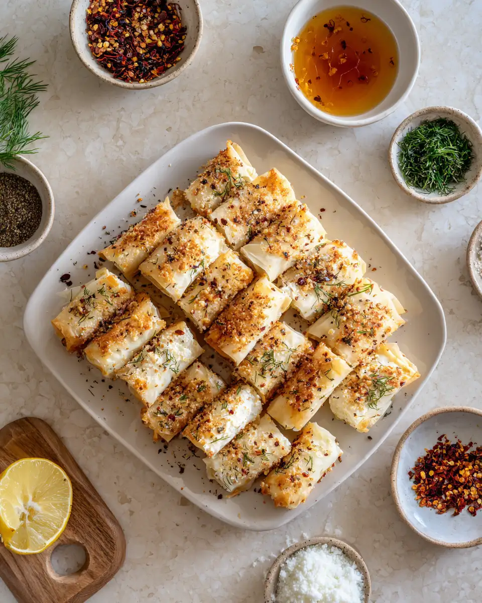 Ingredients for Crispy Oven Fried Feta Rolls Drizzled with Sweet Chili Honey