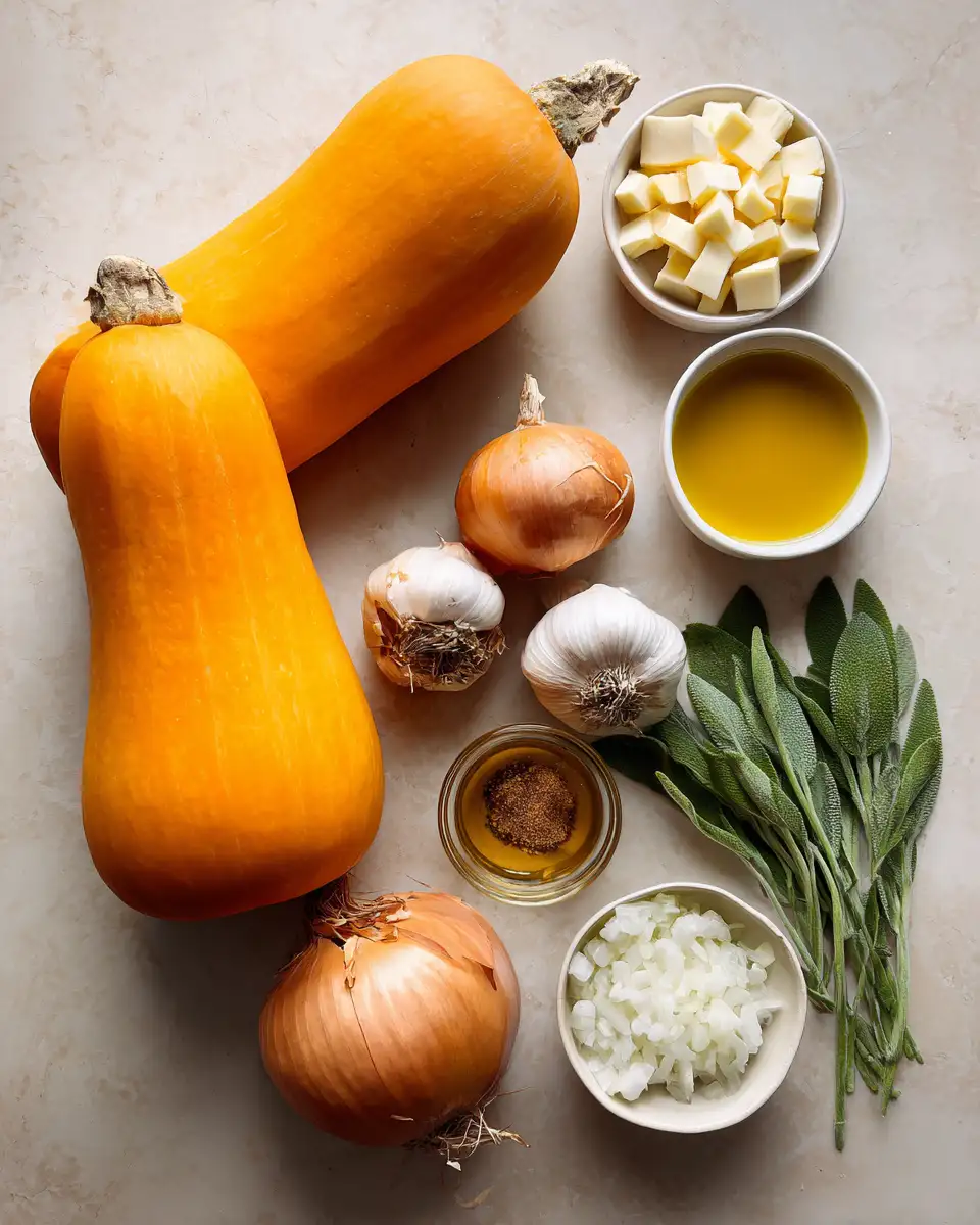 Ingredients for Velvety Roasted Butternut Squash Soup Recipe to Warm Your Soul